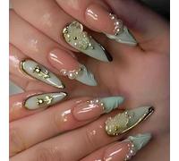 Long Almond Press-On False Nails, Nude Pink and Mint French Tips, 24-Piece | Assorted sizes, raised floral details, pearl-like beads and gold-tone decoration, for home manicures and social occasions