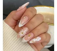 Long Almond Press-On False Nails, Nude Pink French Tips, Floral Design | Glossy Base, Raised Motifs, Pearl-Like Beads, Gold-Tone Details, For Ceremonies, Parties, Work And Everyday Wear