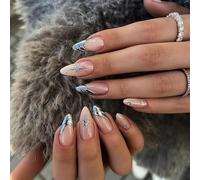 Long Almond Press-On False Nails, Nude Silver Celestial Design, 24-Piece | Glossy pink bases, curved chrome tips, star motifs and raised details, assorted sizes, for everyday styling or social events