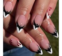 Long Almond Press-On False Nails, Pink French Tips, Bat Design, 24-Pack | Glossy Black, White And Red Drip Artwork, Pre-Shaped Pieces For Halloween Events, Themed Manicures And Evening Outfits