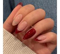 Long Almond Press On False Nails, Red And Nude Pink French Tip, Glossy | Fine Sparkle, Curved Silver-Coloured Edging, Coordinated Solid-Colour Variations, Home Manicures, Dinners And Social Events