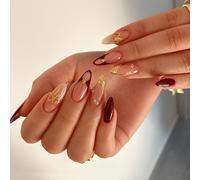 Long Almond Press-On False Nails Set, Nude Pink, Burgundy And Gold | Glossy Mixed Manicure, Outlined Tips, Pearl-Like And Clear Accents, For Home Wear, Dinners, Celebrations And Social Events