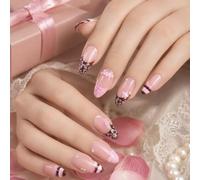 Long Almond Press On Nails 3D Floral Star Pink Brown Fake Nails 24Pcs