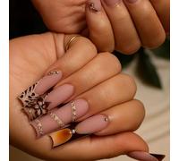 Long Almond Press-On Nails, Matte Nude Pink, Brown Floral Gold-Tone Set