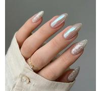 Long Almond Press-On Nails, Pearlescent Pink With Silver Glitter Tips