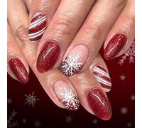 Long Almond Press On Nails With Festive Red Glitter & White Snowflake Designs - Reusable Acrylic Stick On Artificial Nails Kit For Winter Holiday Christmas Parties & Events, Easy Application Glossy