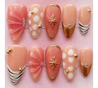 Long Almond Press On Nails with Nude Pink Coral Glossy Finish & Metallic Accents - Featuring Polka Dots, Golden Edges, Fan Textures, Star Cross Designs, Zebra Stripes for Elegant Occasions