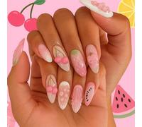 Long Almond Press On Nails with Pink to White Gradient & 3D Fruit Decor - Glossy Summer Floral Design Reusable Stick On False Nails Set for Women, Easy Application & Multiple Sizes