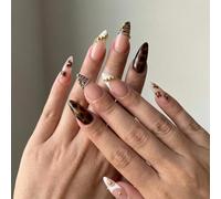 Long Almond-Shaped Press-On Nails with Glossy Tortoiseshell & Gold Bead Design - French Tip False Nail Set Featuring Floral Motifs and Dot Accents for Elegant Everyday and Formal Occasions