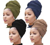 Long and Large Turban Head Wraps for Women,Stretch and Breathable Hair Wrap Scarf,Super Soft Jersey Headwrap Tie -Black&Camel&Army&Navy
