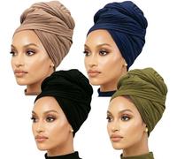 Long and Large Turban Head Wraps for Women,Stretch and Breathable Hair Wrap Scarf,Super Soft Jersey Headwrap Tie -Black&Camel&Army&Navy