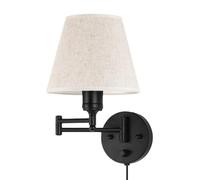 Long Arm Wall Lamp with Switch and Cable Adjustable Wall Light Switch Dimmable Fabric Lampshade Linen Wall Reading Lamp Swivel Arm Black for Living Room Bedroom