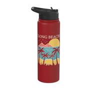 Long Beach Palm Trees Ocean Sunset Mountains Stainless Steel Insulated Water Bottle