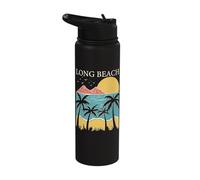 Long Beach Palm Trees Ocean Sunset Mountains Stainless Steel Insulated Water Bottle