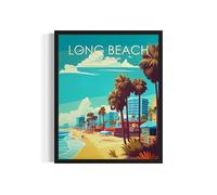 Long Beach Poster Art Print, Retro City Mountain and Lake Landscape Artwork, Wall Art Vintage Decor Picture For Bedroom Office Home Decor 64 (Long Beach 1, 8 x 10 inches, Unframed)
