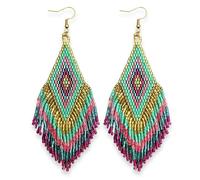 Long Beaded Earrings for Women, Bohemian Statement Tassel Dangling Earrings, Native American Jewelry Boho Country Colorful Bead Gifts, One Size, Glass beads, No Gemstone