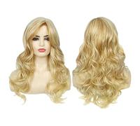Long Big Wavy Curly Synthetic Wig with Gradient Mixed Color Fibers Rose Net Cap for Women (Gold, 60cm)