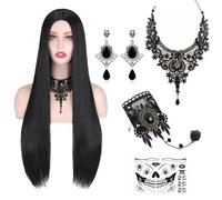 Long Black Wig for Women - 28'' Long Straight Black Wig, Necklace, Earrings, Bracelet, Tattoo Stickers, Halloween Ladies Fancy Dress Costume Set - Cosplay Accessories for Adults Teens