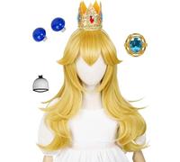 Long Blonde Curly Princess Wig with Bangs + Crown Headband + Ear Clips + Brooch + Wig Cap 22 Inch for Girls Kids Toddler Halloween Costumes Party