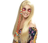 Long Blonde Hippy Wig 1960s 70s Fancy Dress Hippie Accessory Mens Ladies + Braid