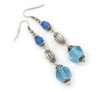 Long Blue Acrylic Bead Linear Drop Earrings In Antique Silver Metal - 75mm Length