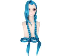 Long Blue Braided Wig for Jinx Cosplay Wig with Bangs Anime Game Hair Wig with Braids Pigtails for Women Girls Halloween Costume Party Free Cap