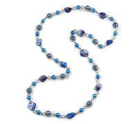 Long Blue Shell and Glass Bead with Silver Tone Metal Wire Element Necklace - 120cm L