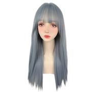Long Blue Wig with Bangs Long Straight Wig for Women Lolita Realistic Wigs Natural Looking Synthetic Wigs for Women Daily Use
