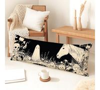 Long Body Pillowcase With Zipper 20x54 Inches Ghostly Spooky Skull and Horse Illustration Soft Velvet Lumbar Pillow Cover 1PCS