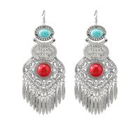 Long Bohemian Indian Dangle Earrings for Women Round Turquoise Antique Silver Tassel Drop Dangling Statement Earrings Boho Jhumka Jhumki Mexico Geometric Fish Hook Lightweight Traditional Jewelry, S