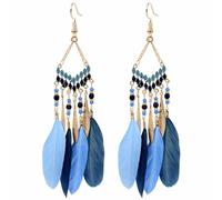 Long Boho Feather Earrings for Women Gold Plated Bohemian Enamel Feathers Dangling Drop Earring Turquoise Beaded Tassel Fish Hook Dangle Stud Vintage Jhumka Jhumki Native American Jewelry, L, Metal