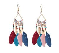 Long Boho Feather Earrings for Women Gold Plated Bohemian Enamel Feathers Dangling Drop Earring Turquoise Beaded Tassel Fish Hook Dangle Stud Vintage Jhumka Jhumki Native American Jewelry, L, Metal