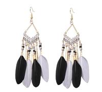 Long Boho Feather Earrings for Women Gold Plated Bohemian Enamel Feathers Dangling Drop Earring Turquoise Beaded Tassel Fish Hook Dangle Stud Vintage Jhumka Jhumki Native American Jewelry, L, Metal