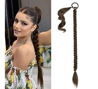 Long Braided Ponytail Extension with Hair Tie, Straight Wrap Around Brown Hair Extensions Pony Tail DIY Natural Soft Synthetic Hairpiece for Women
