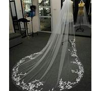 Long Bridal Veil Lace Trim Floral Appliques Leaf Edge Elegant Wedding Veil White Ivory Soft Cathedral veil Hair Accessories Wedding (Color : White, Item Length : 350cm)
