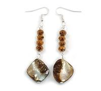 Long Bronze Glass/Brown Shell Bead Linear Earrings in Silver Tone - 70mm L