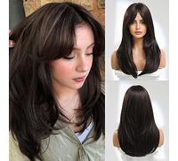 Long Brown Hair Wigs for Women, Layered Curly Synthetic Hair Wig with Bangs, Middle Parting, Realistic, Natural Looking Wigs for Daily Party Use