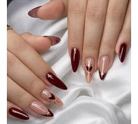 Long Burgundy Press-On False Nails, Almond Stiletto, 24-Piece Set | Glossy Sheer Nude Pink And Gold-Tone Details, French Tips And Heart Motifs, For Home Manicures And Evening Events