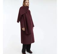 Long Buttoned Coat with Removable Scarf Burgundy Red