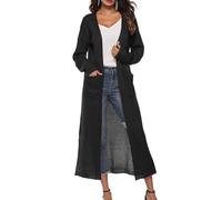 Long Cardigan for Women UK Loose Casual Side Slit Knitted Cardigan Open Front Lightweight Knit Outwear Long Sleeve Knitted Maxi Longline Cardigan Jacket Thin Sweaters Coat with Pockets Black
