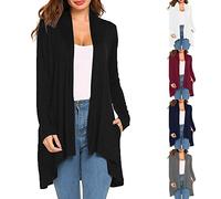 Long Cardigans for Women UK Lightweight Boyfriend Waterfall Cardigans with Pockets Open Front Jumpers Longline Knitted Jackets Long Sleeve Coatigans Elegant Thin Sweaters for Ladies or Elderly Black