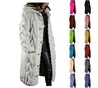 Long Cardigans for Women UK Winter, Longline Chunky Knitted Cardigan, Warm Cable Knit Button Down Hooded Sweater Coat with Pockets, Oversized Cardigans for Women