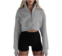 Long Cardigans for Women UK Women's Half Zip Pullover Cropped Sweatshirts Long Sleeve Shirts with Thumbhole Solid Color Sports Gym Running Crop Tops Stand Collar Jacket Sportswear Ladies Blouses Gray