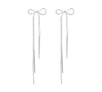 Long Chain Bow Dangle Drop Tassel Earrings for Women Girls Statement Ribbon Fringe Dangling Wedding Prom Fashion Full Zircon Earrings (Silver, One Size)