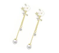Long Chain Drop Earrings Sparkling CZ Stones Floral Simulated Pearls Bridal Jewelry Gold Or Silver Plated Design Women's Pendant Pearls Earrings Long Chain