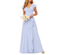 Long Chiffon Bridesmaid Dresses for Women V Neck Ruffled Split Long Formal Evening Dress YIAX206 Lavender UK10