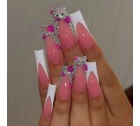 Long Coffin French Tip Press on Nails with Rhinestones - 24PCS Extra Long Square Acrylic Fake Nails with Nail Glue Stickers, Bling Crystal False Nails Kit for Women Girls, Durable for Daily Wear