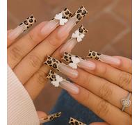Long Coffin Leopard Press on Nails - 24pcs False Nails with White Bow Charms, Glossy Cheetah Print Fake Nails, Durable Stick on Nail Extensions for Women Girls - Elegant French Inspired Design