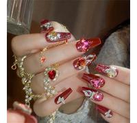 Long Coffin Press-On Fake Nails Sparkly Rhinestones Nail Art Decoration Red Luxurious Manciure for Women and Girls 24pcs