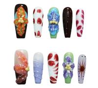 Long Coffin Press On Nails with 3D Floral Design - Summer Multicolor Thick Luxury False Nails Reusable Acrylic Nails (Summer Stories,M)